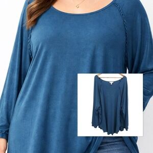 LC Lauren Conrad Womens 3X Blue Boho Tunic Ruffle Stretch Knit Flowy Top